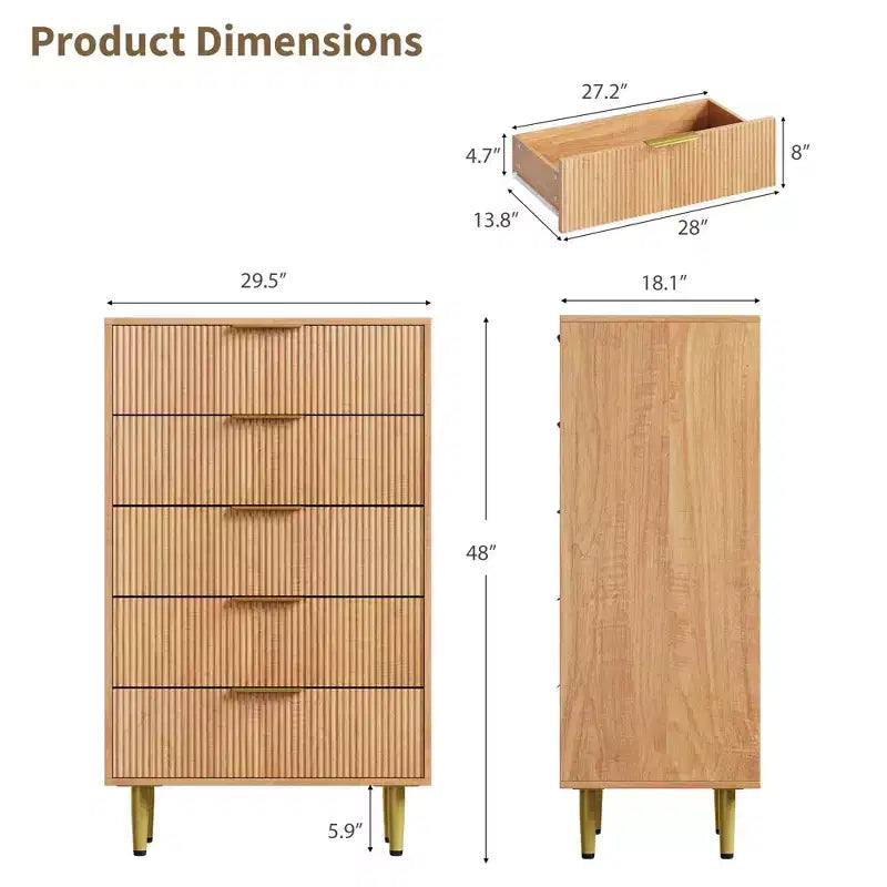 Cassettiera a 3 cassetti per camera da letto, cassettiera a scanalature da 71 cm con maniglie dorate, cassettiera in legno, comodino stretto, organizer per vestiti per camera da letto