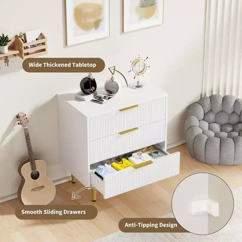 Cassettiera a 3 cassetti per camera da letto, cassettiera a scanalature da 71 cm con maniglie dorate, cassettiera in legno, comodino stretto, organizer per vestiti per camera da letto