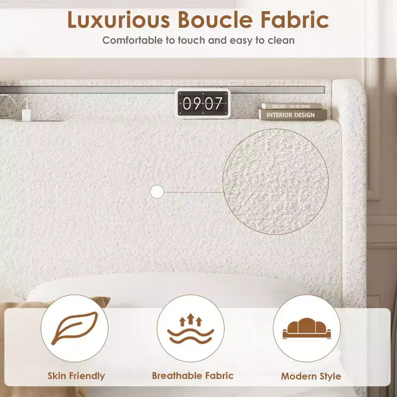COZONY Letto Matrimoniale/Queen con Tessuto Bouclé, Testiera con Contenitore, Stazione di Ricarica e Luci a LED, Nessuna Rete a Molle Necessaria
