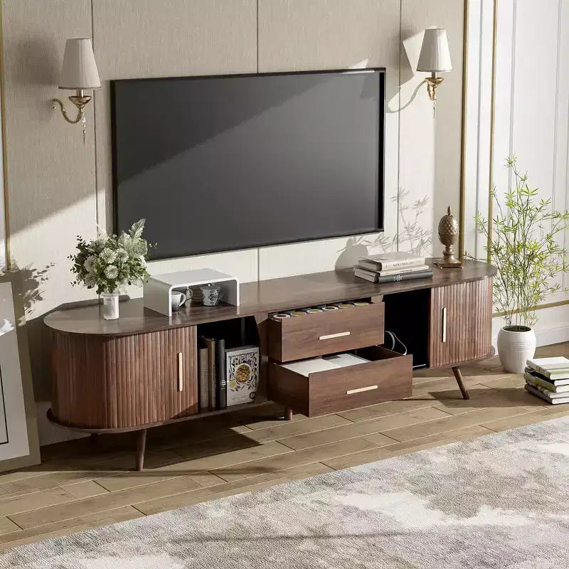 Mobile Porta TV per Televisori fino a 80 Pollici, Credenza TV Moderna Mid-Century Mobile per Media Centro Intrattenimento con Ante Scorrevoli e 2 Cassetti, Marrone Scuro - ModernLuxe