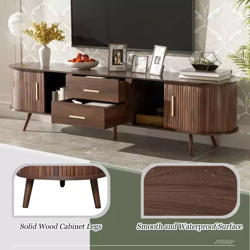 Mobile Porta TV per Televisori fino a 80 Pollici, Credenza TV Moderna Mid-Century Mobile per Media Centro Intrattenimento con Ante Scorrevoli e 2 Cassetti, Marrone Scuro - ModernLuxe