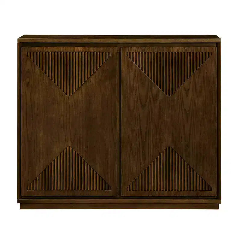 Mobile contenitore a V stile Mid-Century Modern, credenza a buffet stretta con fori per cavi, ante a coste e base in legno massello per soggiorno