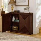 Mobile contenitore a V stile Mid-Century Modern, credenza a buffet stretta con fori per cavi, ante a coste e base in legno massello per soggiorno