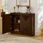 Mobile contenitore a V stile Mid-Century Modern, credenza a buffet stretta con fori per cavi, ante a coste e base in legno massello per soggiorno