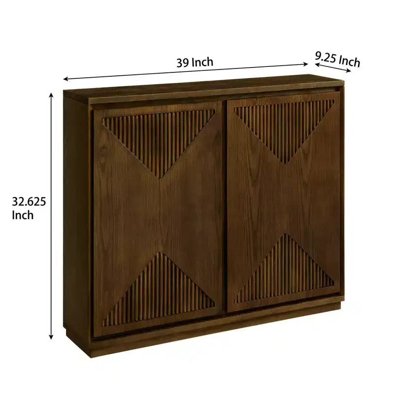 Mobile contenitore a V stile Mid-Century Modern, credenza a buffet stretta con fori per cavi, ante a coste e base in legno massello per soggiorno