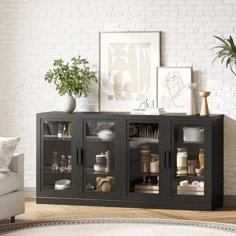 Solid Wood Modern Kitchen Pantry Sideboard with Glass DoorsVersatile Buffet Cabinet