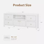 Mobile TV stile rustico per TV da 75/80 pollici con 6 cassetti, centro di intrattenimento con mensola per soundbar, supporti per console TV bianchi