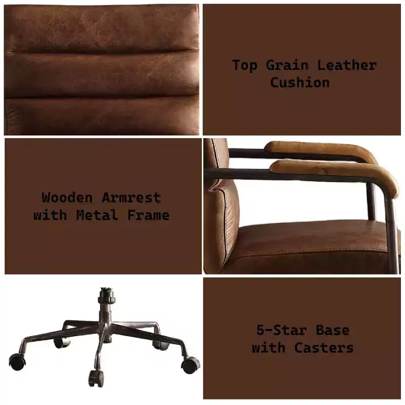 Sedia da scrivania Okak in pelle pieno fiore, sedia direzionale con braccioli in legno e struttura in metallo, sedia elegante e confortevole per casa e ufficio
