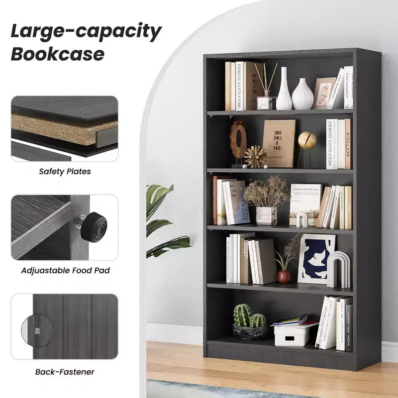 Libreria moderna Okak da 152 cm, con 5 ripiani aperti, organizer autoportante per soggiorno, ufficio