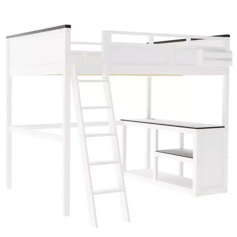 Letto a soppalco Queen Size con scrivania e mensole integrate, struttura in legno salvaspazio con box contenitore e USB, bianco