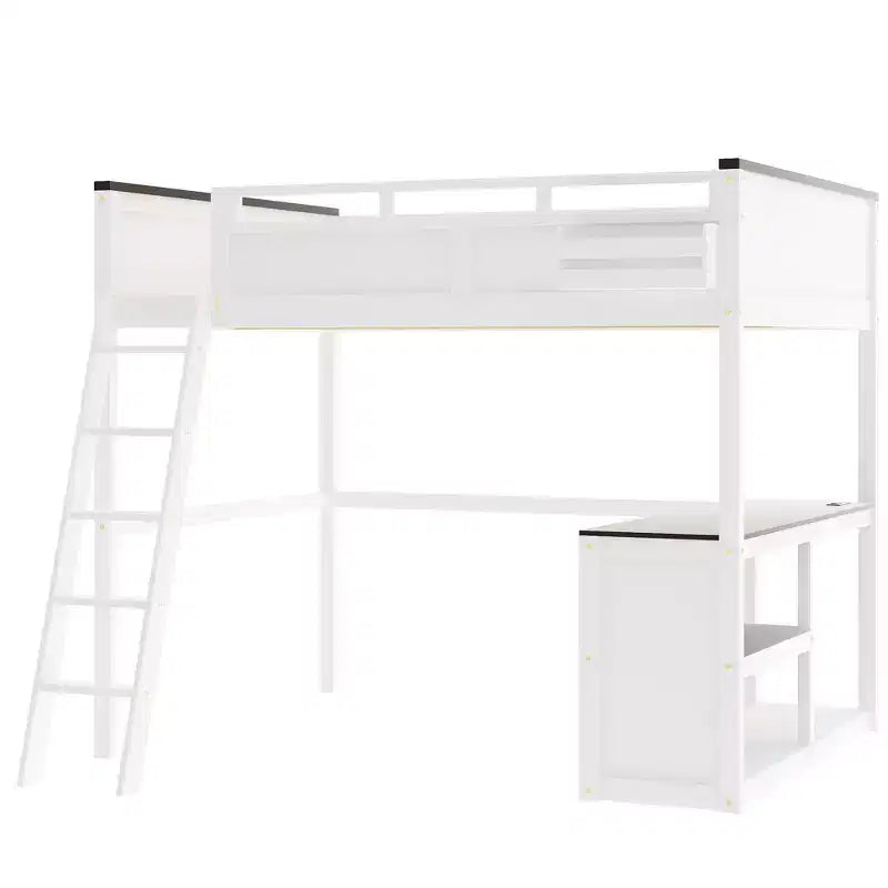 Letto a soppalco Queen Size con scrivania e mensole integrate, struttura in legno salvaspazio con box contenitore e USB, bianco