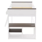 Letto a soppalco Queen Size con scrivania e mensole integrate, struttura in legno salvaspazio con box contenitore e USB, bianco