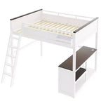 Letto a soppalco Queen Size con scrivania e mensole integrate, struttura in legno salvaspazio con box contenitore e USB, bianco