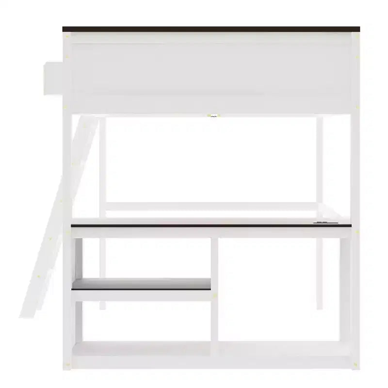 Letto a soppalco Queen Size con scrivania e mensole integrate, struttura in legno salvaspazio con box contenitore e USB, bianco
