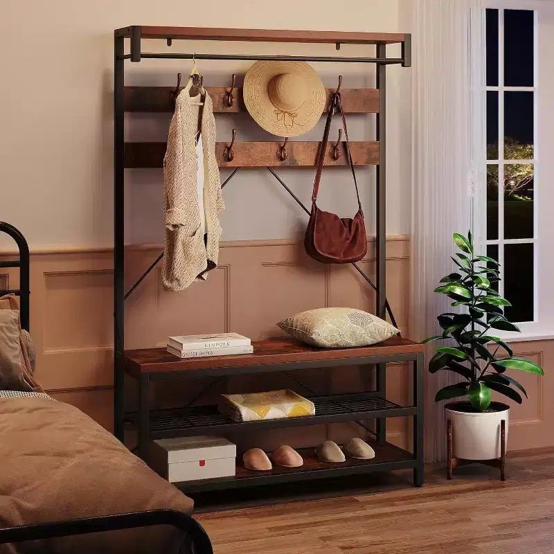 Appendiabiti Panca Scarpiera 183 cm di Altezza, Scarpiera da Ingresso con Scaffale Contenitore e Ganci, Mobiletto Industriale Rimovibile con Cornice in Metallo per la Casa