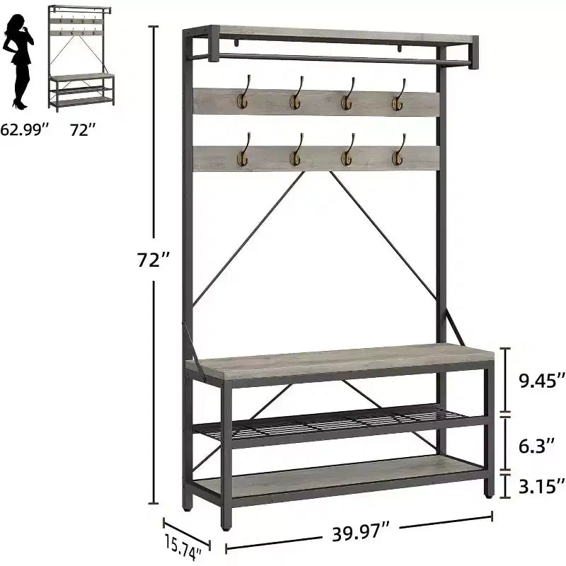 Appendiabiti Panca Scarpiera 183 cm di Altezza, Scarpiera da Ingresso con Scaffale Contenitore e Ganci, Mobiletto Industriale Rimovibile con Cornice in Metallo per la Casa