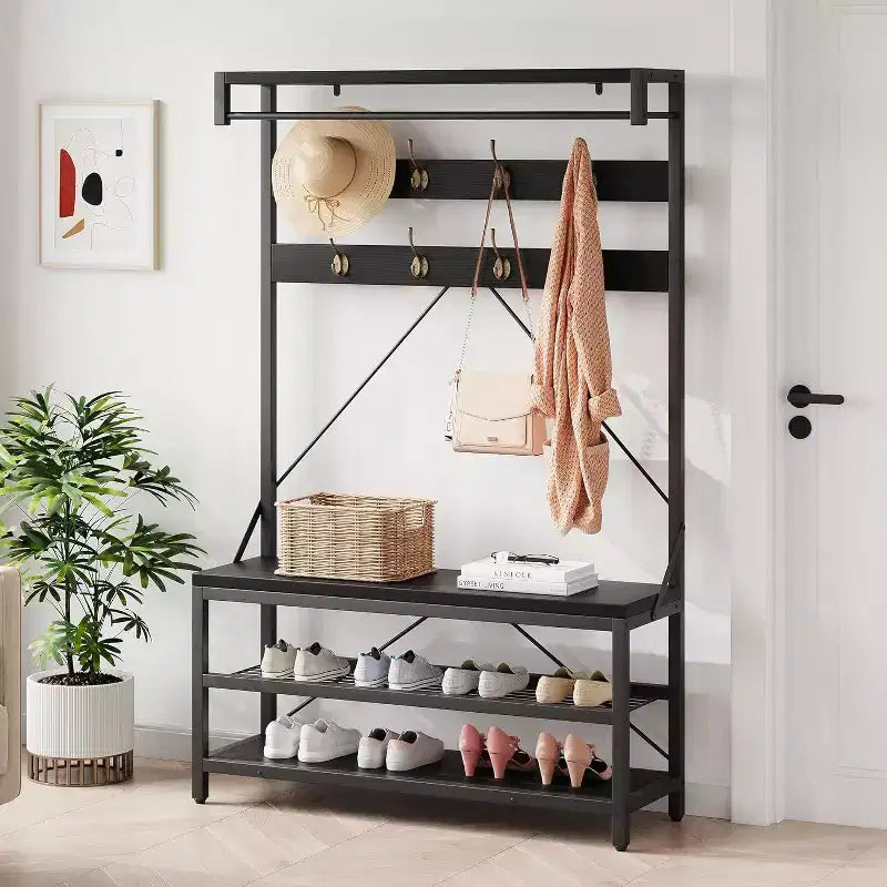 Appendiabiti Panca Scarpiera 183 cm di Altezza, Scarpiera da Ingresso con Scaffale Contenitore e Ganci, Mobiletto Industriale Rimovibile con Cornice in Metallo per la Casa