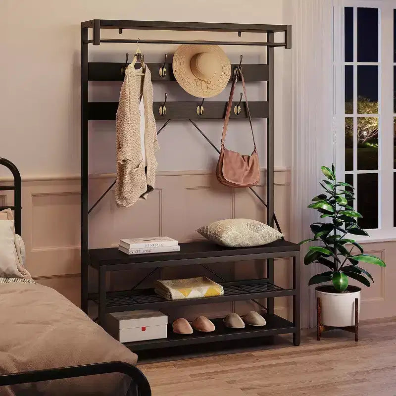 Appendiabiti Panca Scarpiera 183 cm di Altezza, Scarpiera da Ingresso con Scaffale Contenitore e Ganci, Mobiletto Industriale Rimovibile con Cornice in Metallo per la Casa