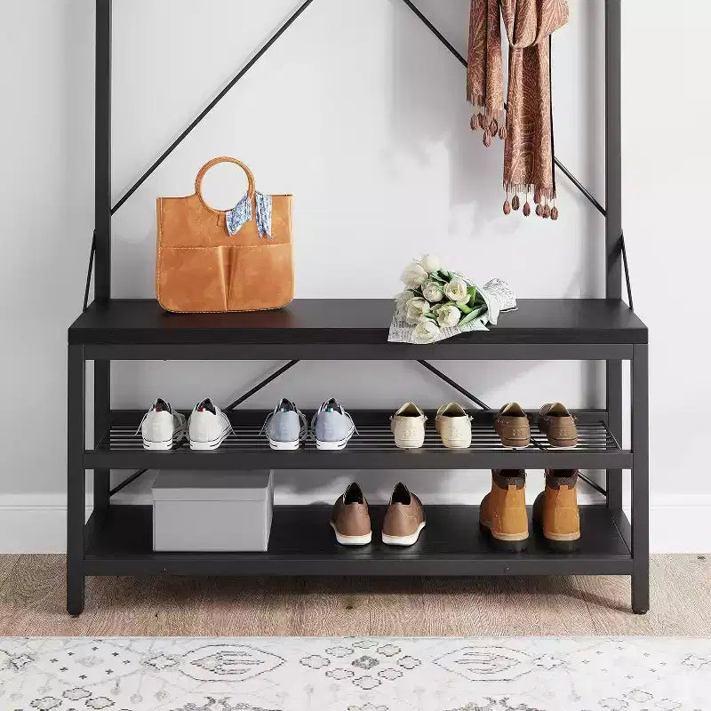 Appendiabiti Panca Scarpiera 183 cm di Altezza, Scarpiera da Ingresso con Scaffale Contenitore e Ganci, Mobiletto Industriale Rimovibile con Cornice in Metallo per la Casa