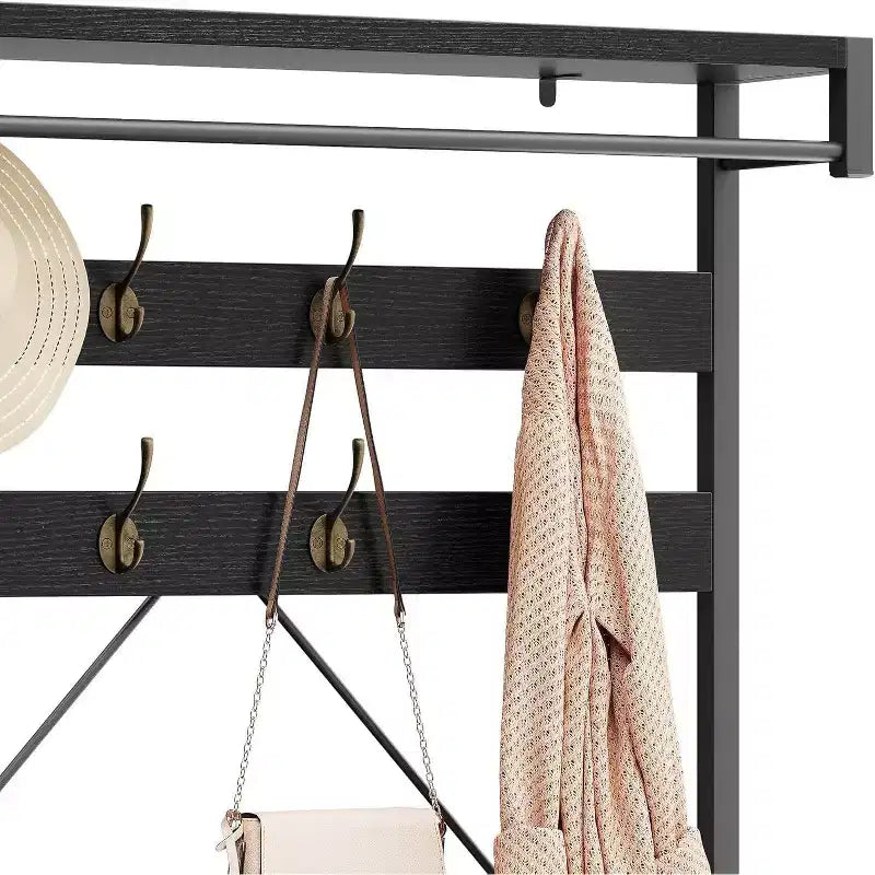 Appendiabiti Panca Scarpiera 183 cm di Altezza, Scarpiera da Ingresso con Scaffale Contenitore e Ganci, Mobiletto Industriale Rimovibile con Cornice in Metallo per la Casa