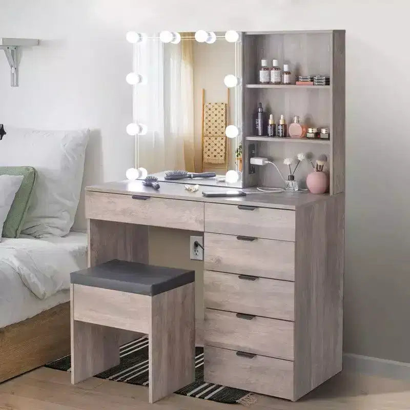 Set Comodino con 6 Cassetti e 2 Ripiani Laminato in Melaminico Grigio Effetto Truciolare
