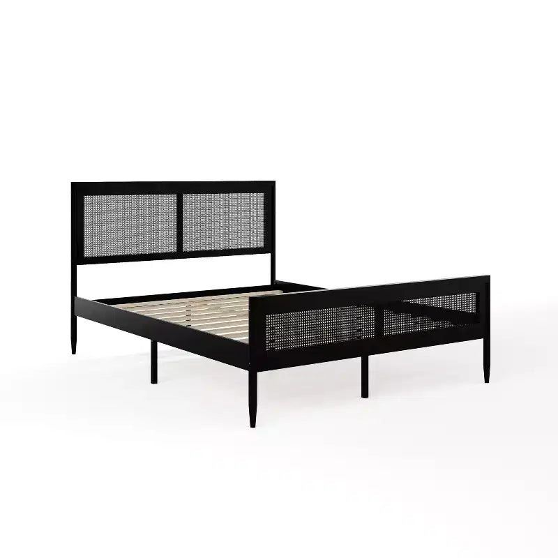 Letto a piattaforma Martha Stewart Jax in legno massello con testiera e pediera in rattan, non richiede rete a molle