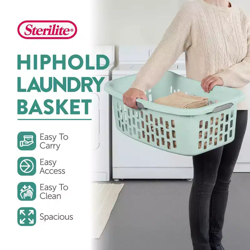 Cesta per bucato Sterilite HipHold, cesto portabiancheria in plastica da 1,5 bushel, colore menta, confezione da 18