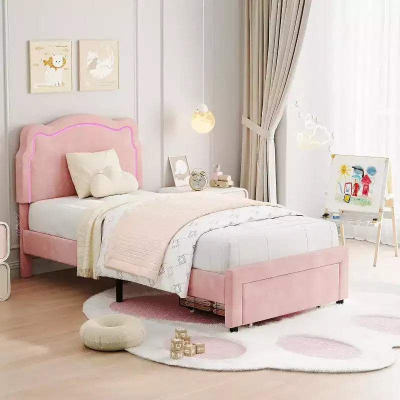 Letto Matrimoniale Smart LED - Testiera Regolabile, Base Imbottita in Velluto, Nessuna Rete a Molle, Doghe in Legno