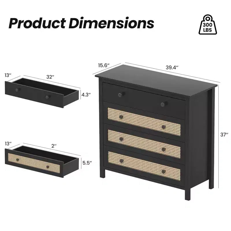 Madia Okak Farmhouse, Credenza con 4 Cassetti, Mobile Contenitore per Soggiorno, Sala da Pranzo, Cucina