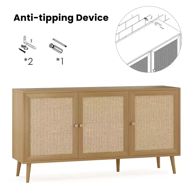 Mobile Credenza Okak, Mobile Buffet con 3 Ante Decorate in Rattan, Mobile Contenitore per Soggiorno, Sala da Pranzo, Cucina