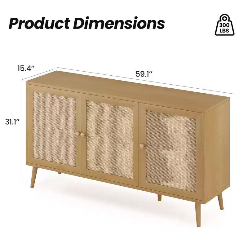 Mobile Credenza Okak, Mobile Buffet con 3 Ante Decorate in Rattan, Mobile Contenitore per Soggiorno, Sala da Pranzo, Cucina
