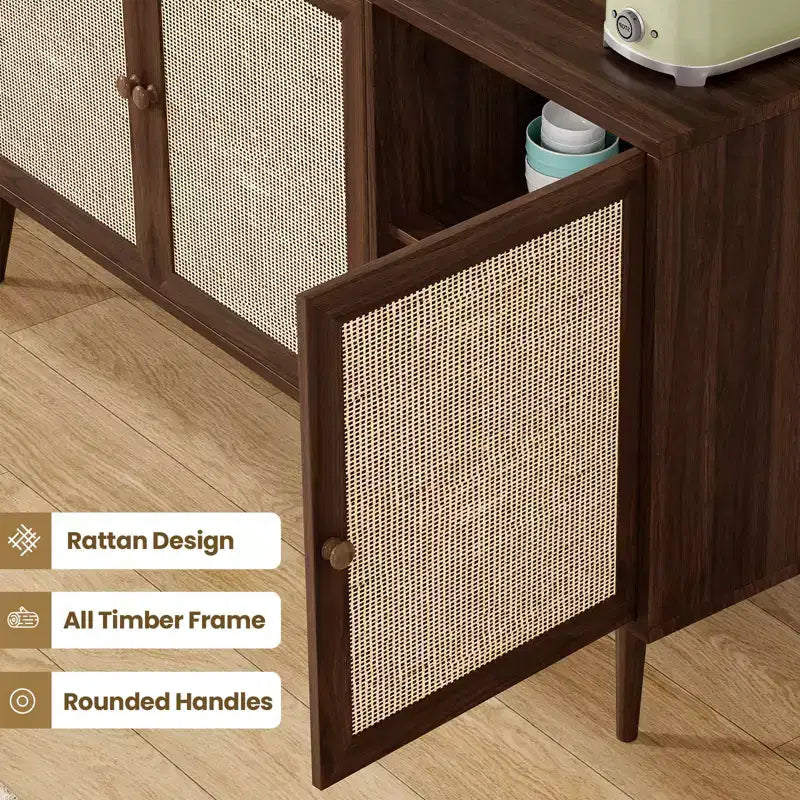 Mobile Credenza Okak, Mobile Buffet con 3 Ante Decorate in Rattan, Mobile Contenitore per Soggiorno, Sala da Pranzo, Cucina