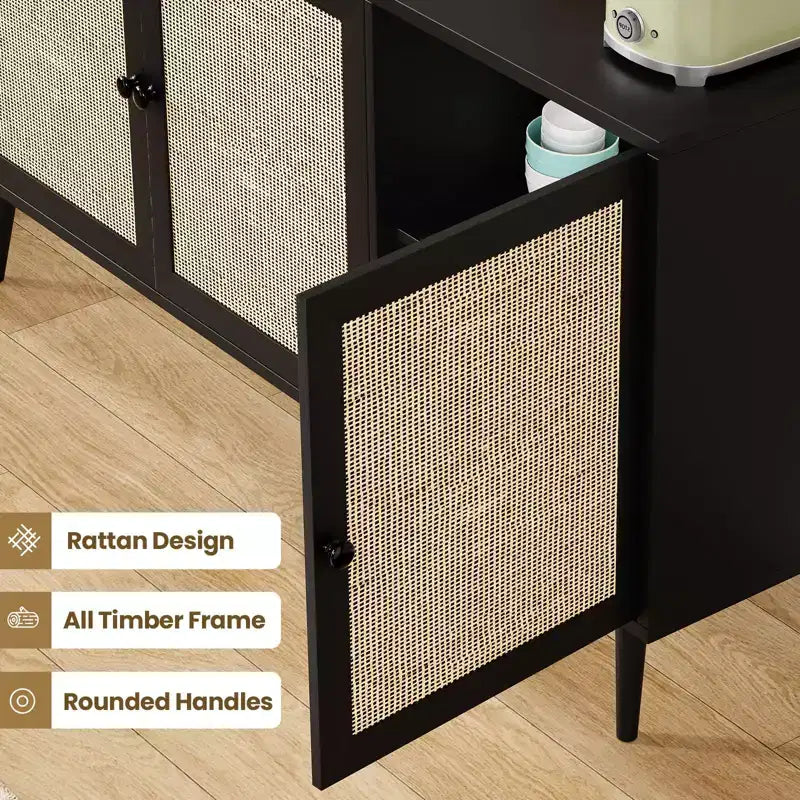 Mobile Credenza Okak, Mobile Buffet con 3 Ante Decorate in Rattan, Mobile Contenitore per Soggiorno, Sala da Pranzo, Cucina