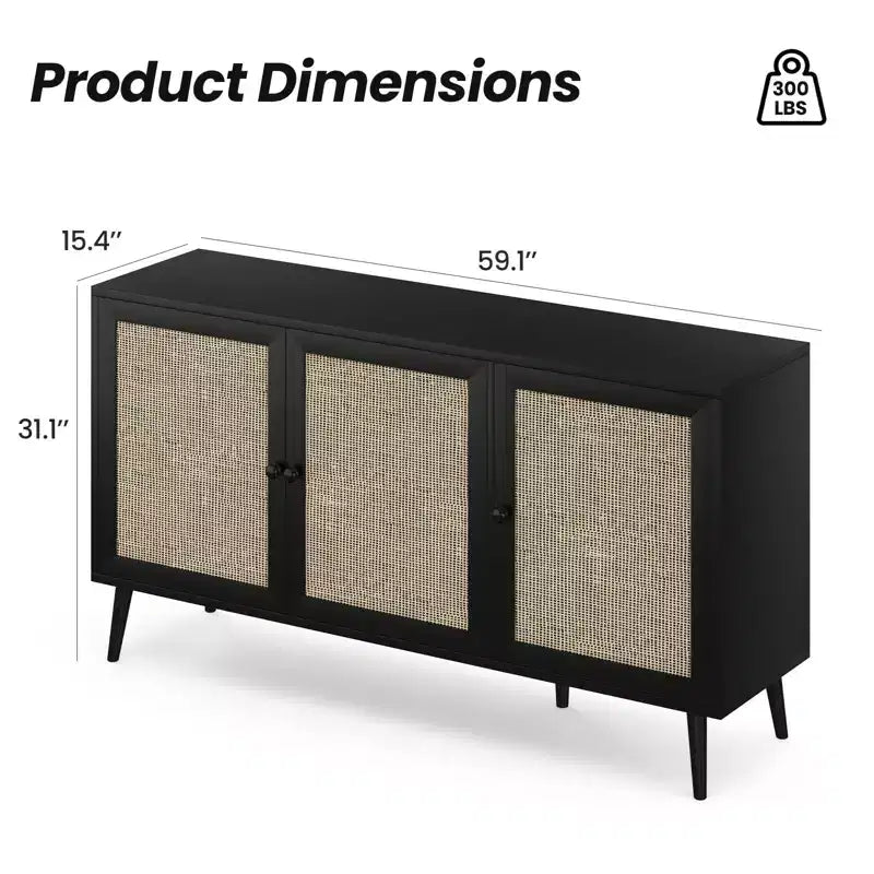 Mobile Credenza Okak, Mobile Buffet con 3 Ante Decorate in Rattan, Mobile Contenitore per Soggiorno, Sala da Pranzo, Cucina