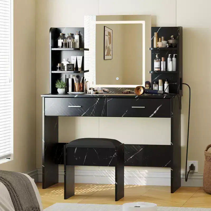Toeletta da trucco con specchio, set tavolo e sedia da trucco con 2 cassetti portaoggetti, 4 ripiani, 3 modalità di illuminazione, per soggiorno, casa