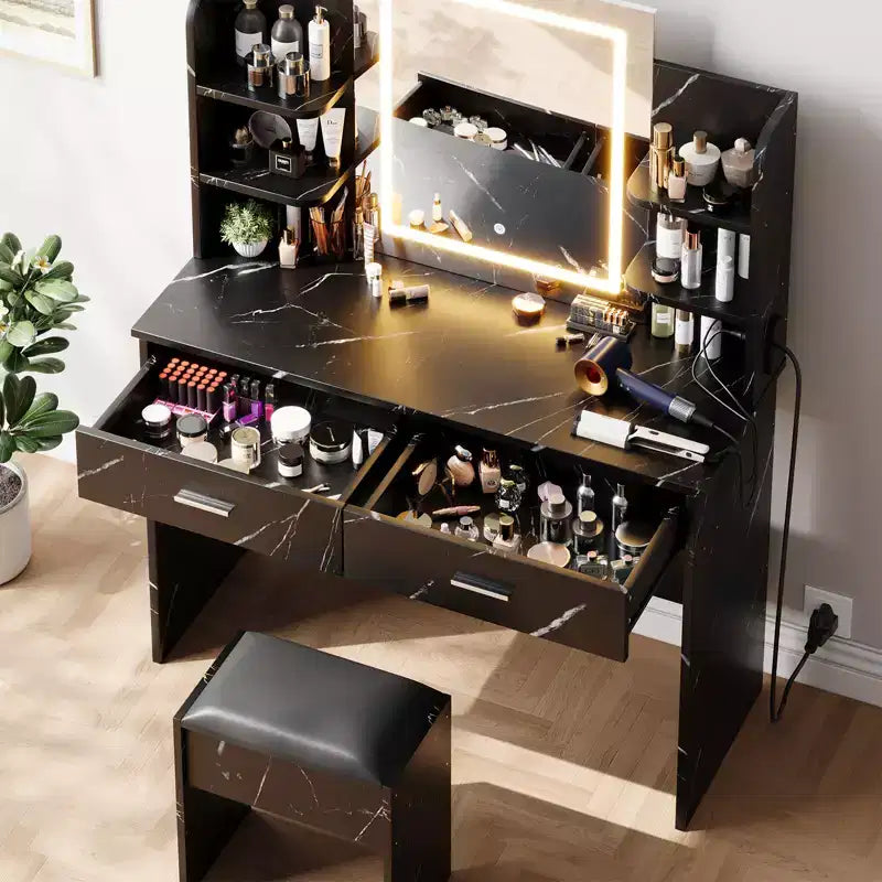 Toeletta da trucco con specchio, set tavolo e sedia da trucco con 2 cassetti portaoggetti, 4 ripiani, 3 modalità di illuminazione, per soggiorno, casa