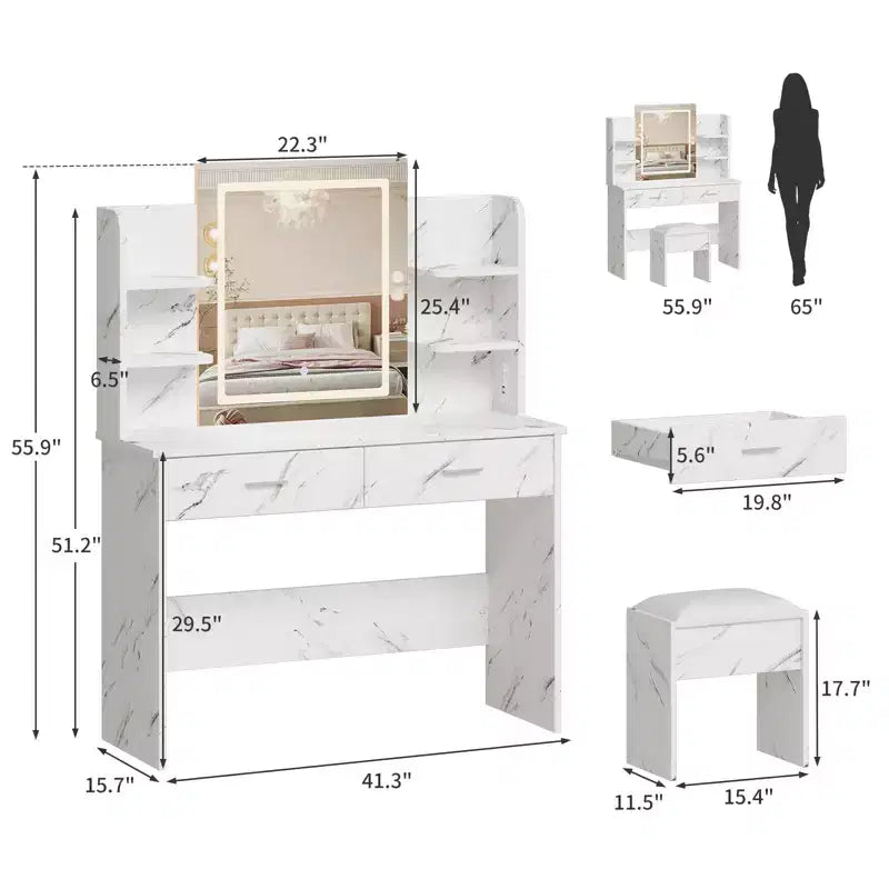 Toeletta da trucco con specchio, set tavolo e sedia da trucco con 2 cassetti portaoggetti, 4 ripiani, 3 modalità di illuminazione, per soggiorno, casa