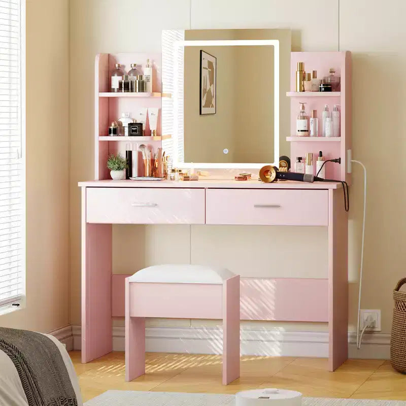 Toeletta da trucco con specchio, set tavolo e sedia da trucco con 2 cassetti portaoggetti, 4 ripiani, 3 modalità di illuminazione, per soggiorno, casa