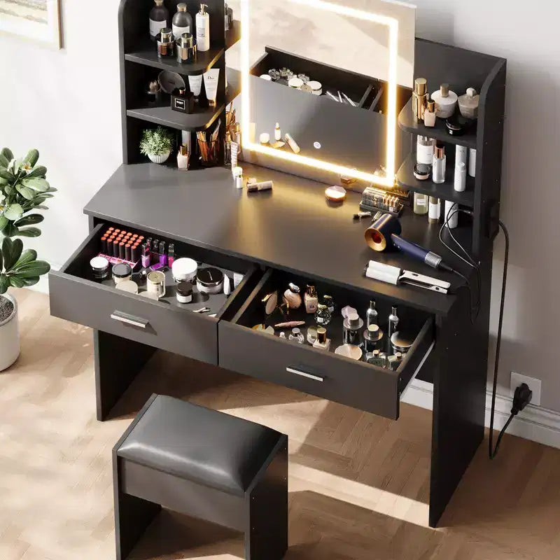 Toeletta da trucco con specchio, set tavolo e sedia da trucco con 2 cassetti portaoggetti, 4 ripiani, 3 modalità di illuminazione, per soggiorno, casa