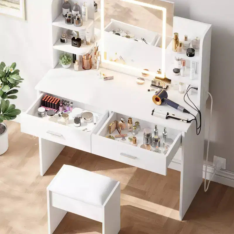 Toeletta da trucco con specchio, set tavolo e sedia da trucco con 2 cassetti portaoggetti, 4 ripiani, 3 modalità di illuminazione, per soggiorno, casa