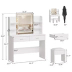 Toeletta da trucco con specchio, set tavolo e sedia da trucco con 2 cassetti portaoggetti, 4 ripiani, 3 modalità di illuminazione, per soggiorno, casa