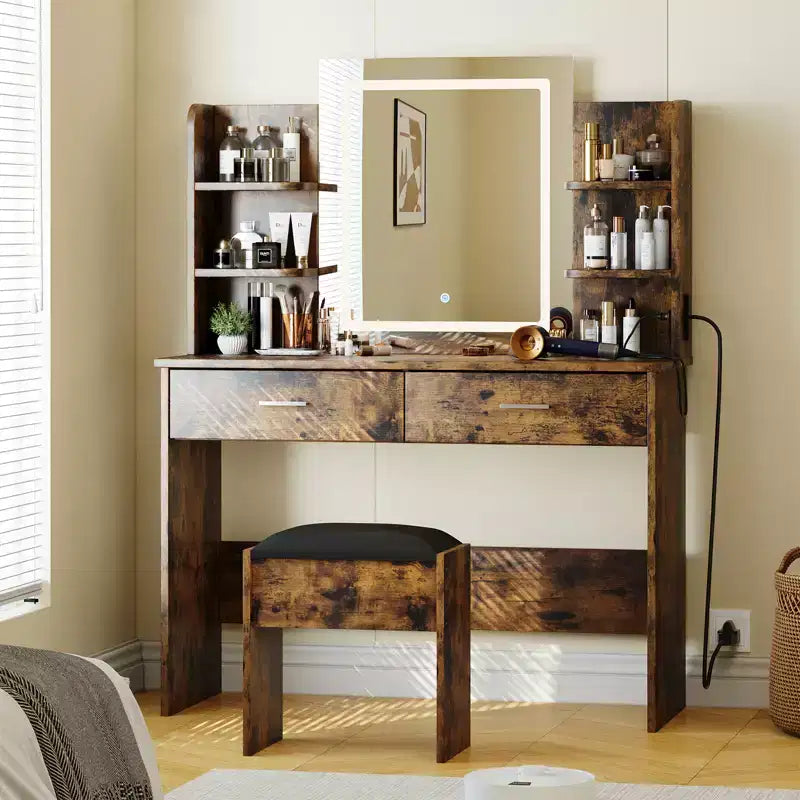 Toeletta da trucco con specchio, set tavolo e sedia da trucco con 2 cassetti portaoggetti, 4 ripiani, 3 modalità di illuminazione, per soggiorno, casa