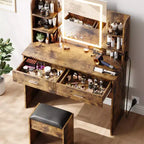 Toeletta da trucco con specchio, set tavolo e sedia da trucco con 2 cassetti portaoggetti, 4 ripiani, 3 modalità di illuminazione, per soggiorno, casa