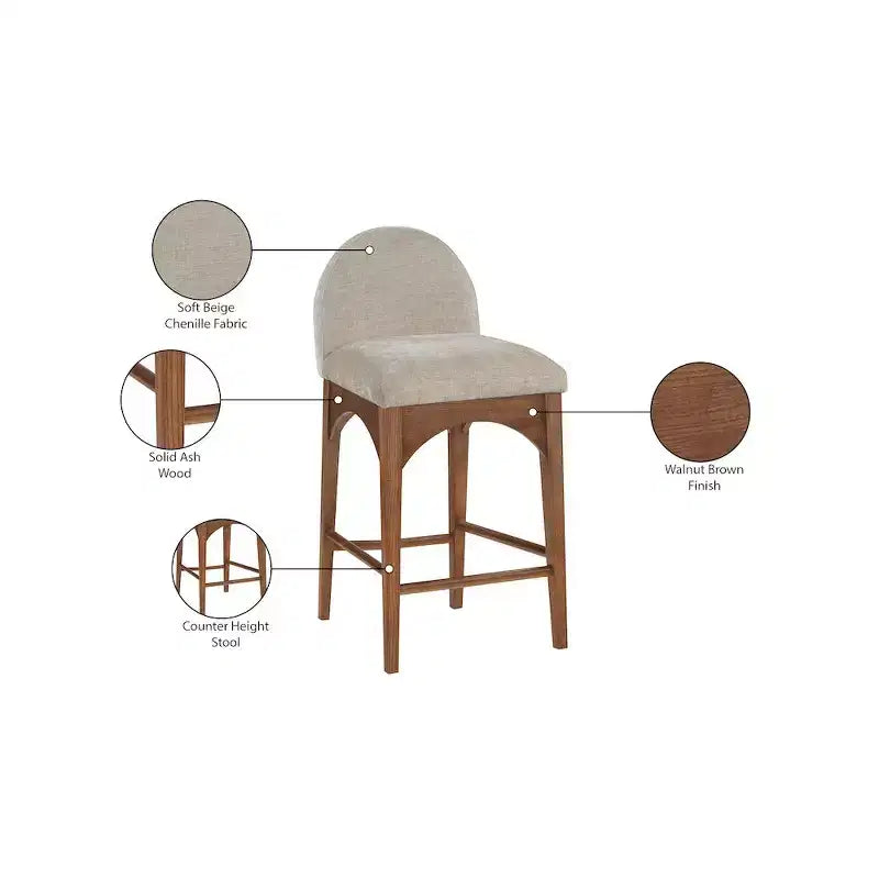 Meridian Furniture, Sgabello Waldorf in Tessuto Ciniglia Beige