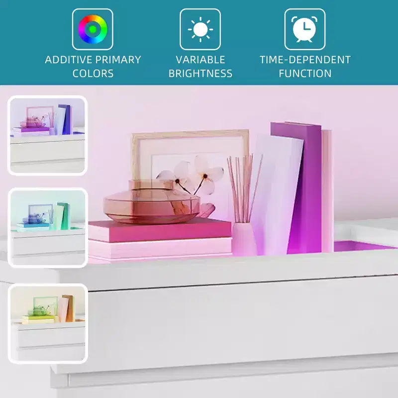 Cassettiera moderna a 8 cassetti, bianca e nera, con cassetti profondi, piano in vetro, superficie lucida, mobile contenitore per soggiorno