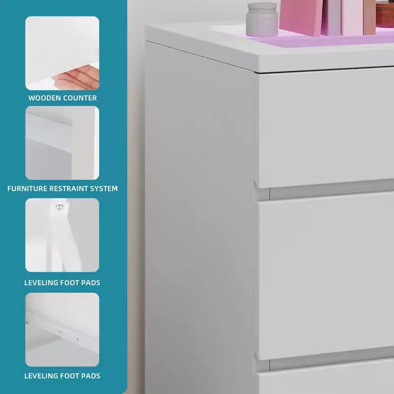 Cassettiera moderna a 8 cassetti, bianca e nera, con cassetti profondi, piano in vetro, superficie lucida, mobile contenitore per soggiorno