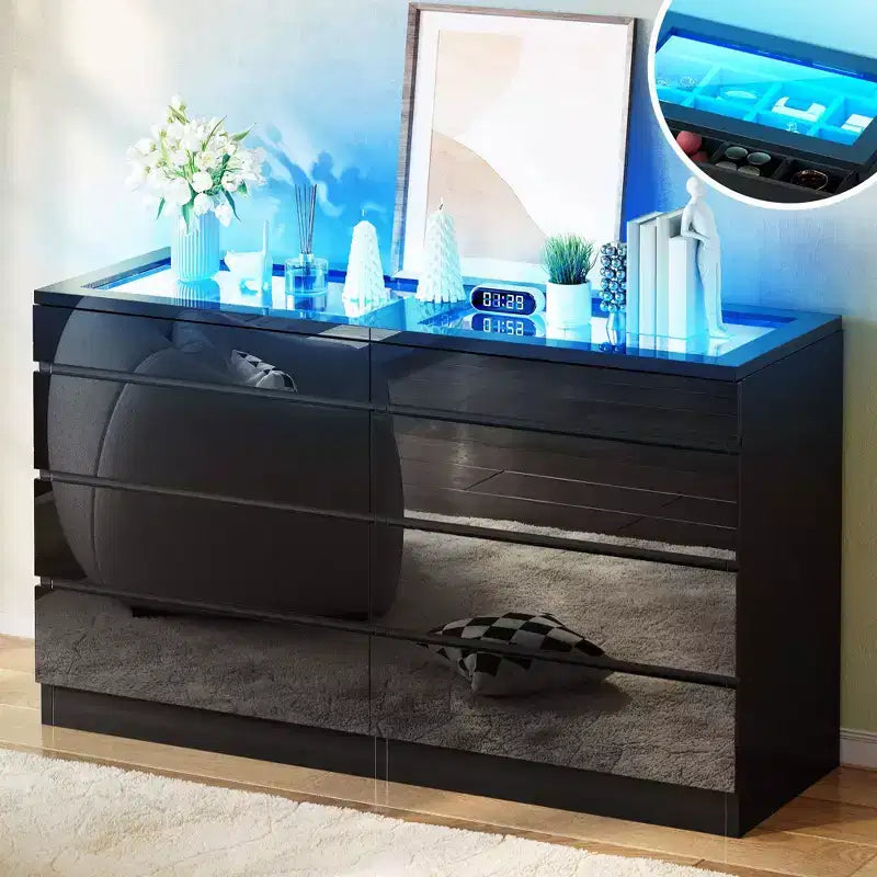 Cassettiera moderna a 8 cassetti, bianca e nera, con cassetti profondi, piano in vetro, superficie lucida, mobile contenitore per soggiorno