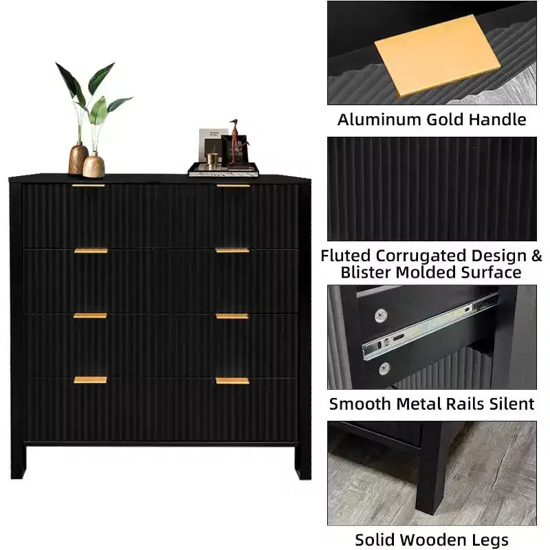 Cassettiera in legno con pannello fluted Waveform e 4 cassetti, comò moderno per camera da letto, soggiorno, cameretta e ingresso