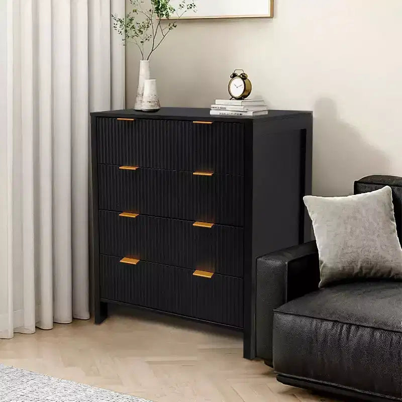Cassettiera in legno con pannello fluted Waveform e 4 cassetti, comò moderno per camera da letto, soggiorno, cameretta e ingresso