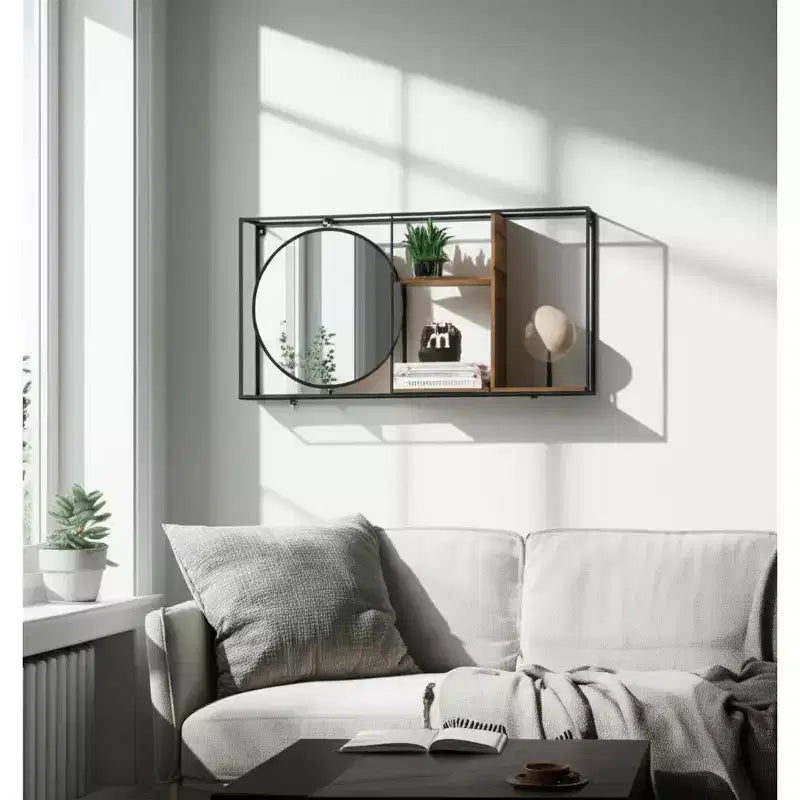 Wall Storage Shelf with Mirror, Industrial Metal and Wood Floating Shelf, Modern Home Decor for Bedroom, Living Room, Office